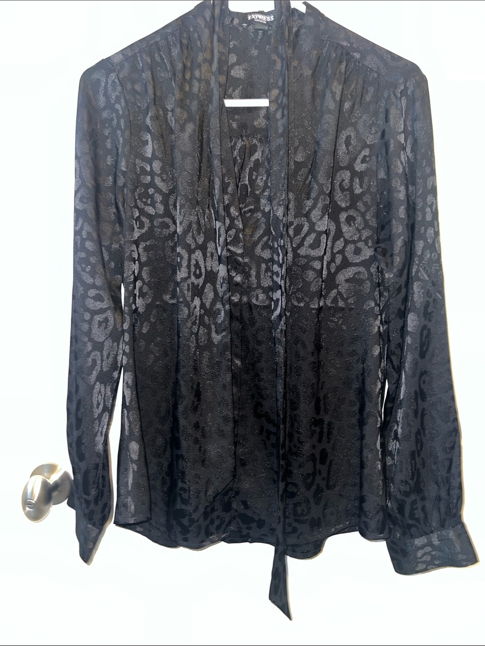Express Black Leopard Tie-Neck Blouse